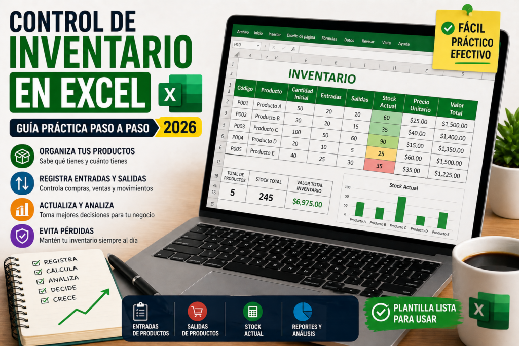 Control de inventario en Excel en 2026 con tabla de productos, entradas, salidas y control de stock
