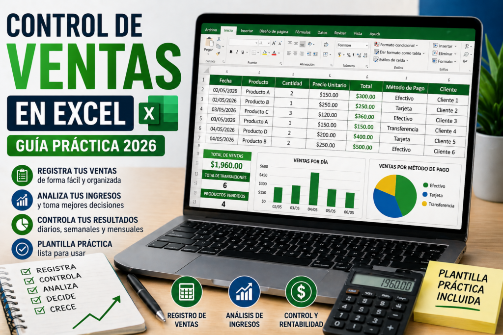 Control de ventas en Excel en 2026 con registro de ventas, ingresos y análisis financiero en hoja de cálculo