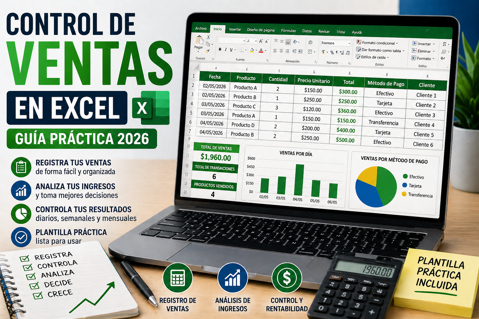 Control de ventas en Excel en 2026 con registro de ventas, ingresos y análisis financiero en hoja de cálculo