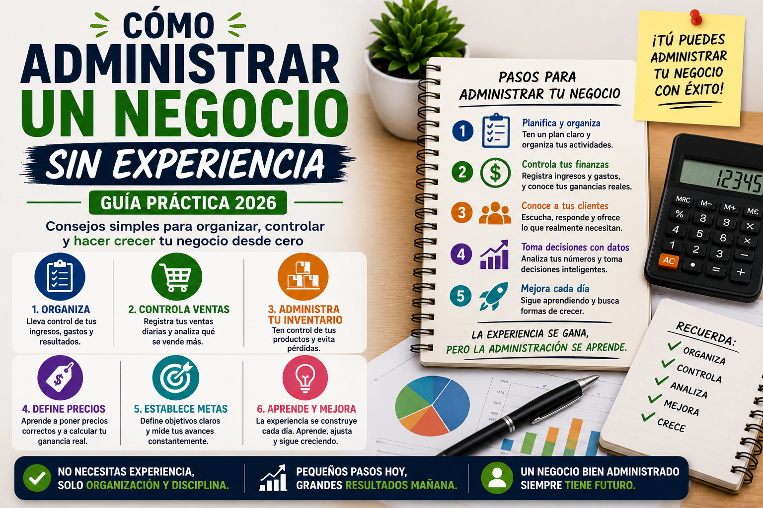 Administrar un negocio sin experiencia en 2026 con consejos prácticos de organización, ventas y control financiero