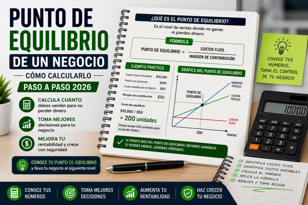Punto de equilibrio de un negocio en 2026 con cálculo de costos, margen de contribución y ventas necesarias para no perder dinero