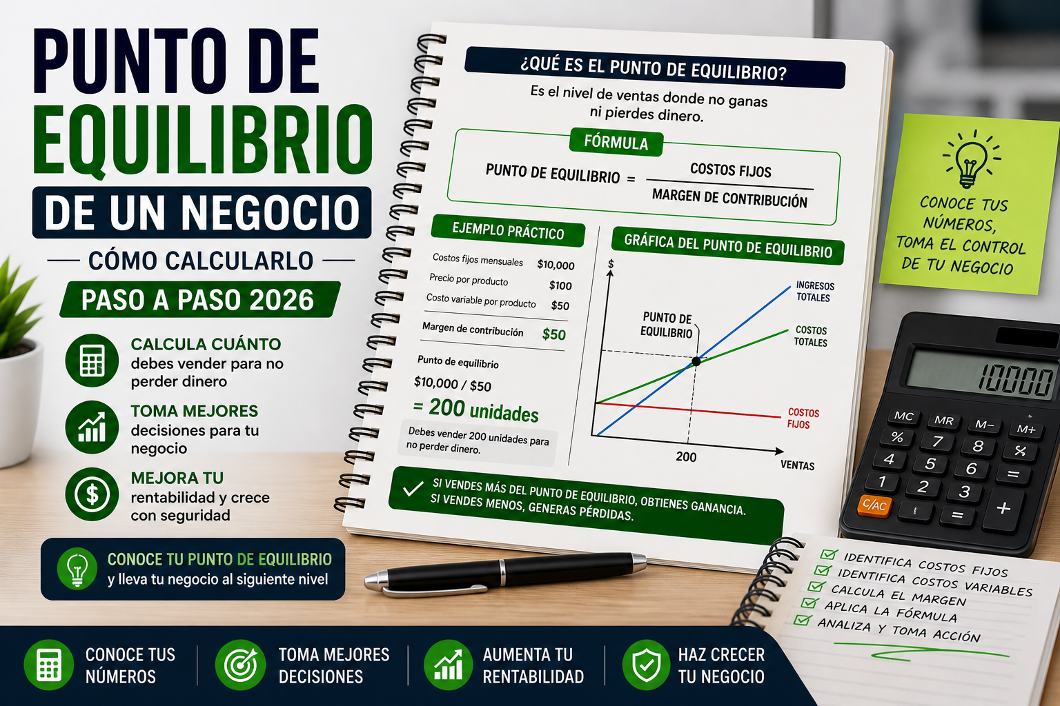 Punto de equilibrio de un negocio en 2026 con cálculo de costos, margen de contribución y ventas necesarias para no perder dinero