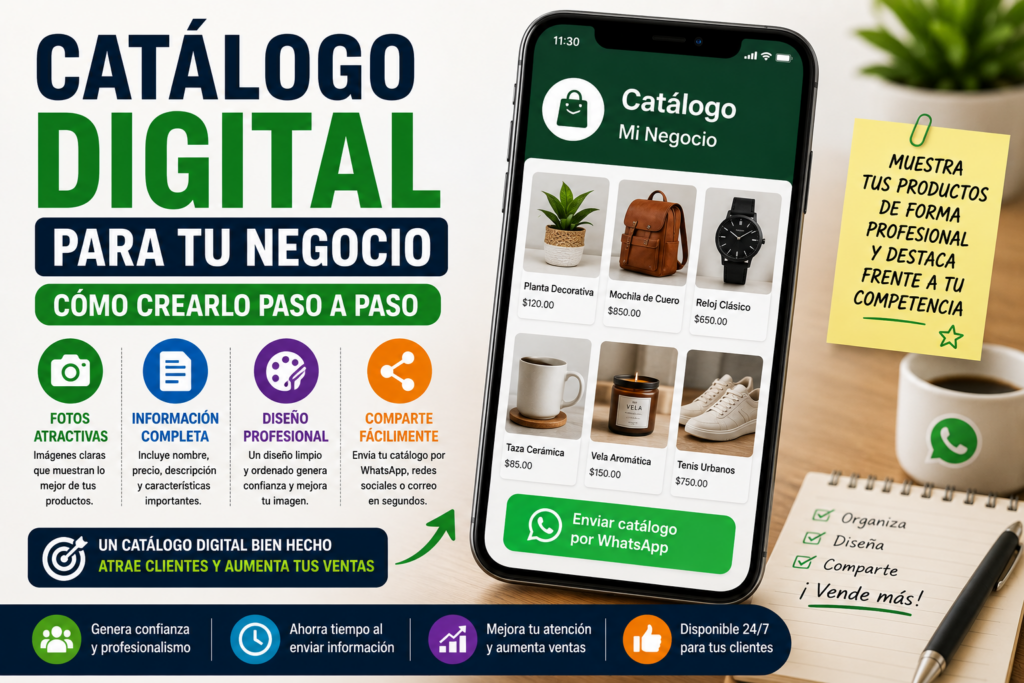 Catálogo digital para tu negocio en 2026 mostrando productos, diseño profesional y ventas por WhatsApp